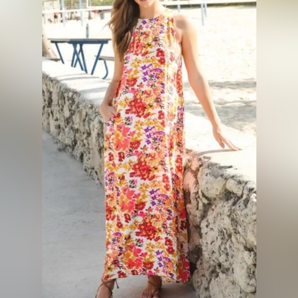 Natural Life Katie Floral Maxi Dress Boho Pockets Sleeveless Resortwear Sz  L/XL